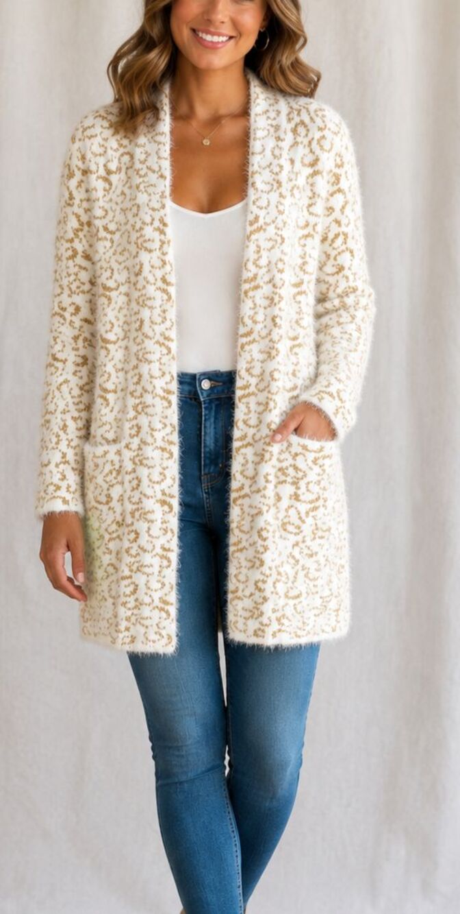 NWT Nine West Ivory Gold Leopard Eyelash Cardigan Duster Sweater Size XS
